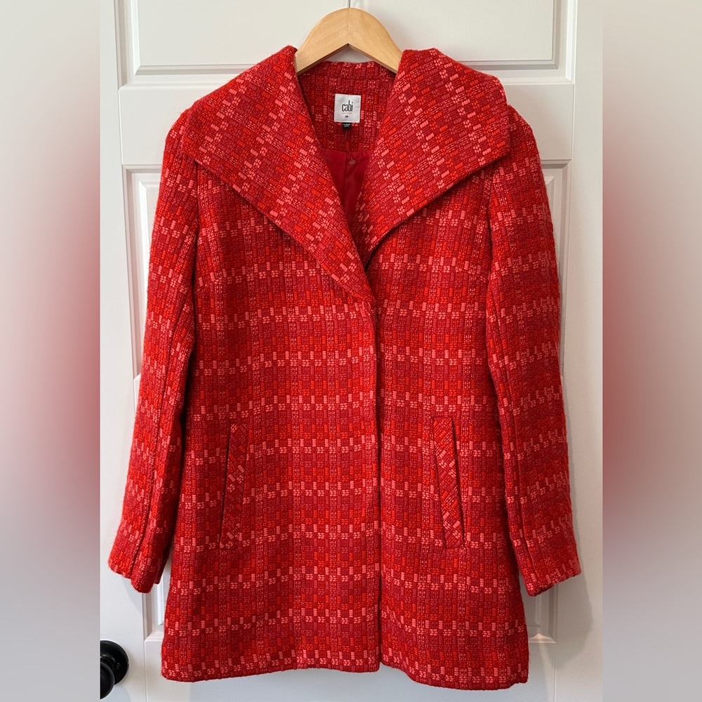 Cabi Red Geometric Pea Coat with Classic Lapel